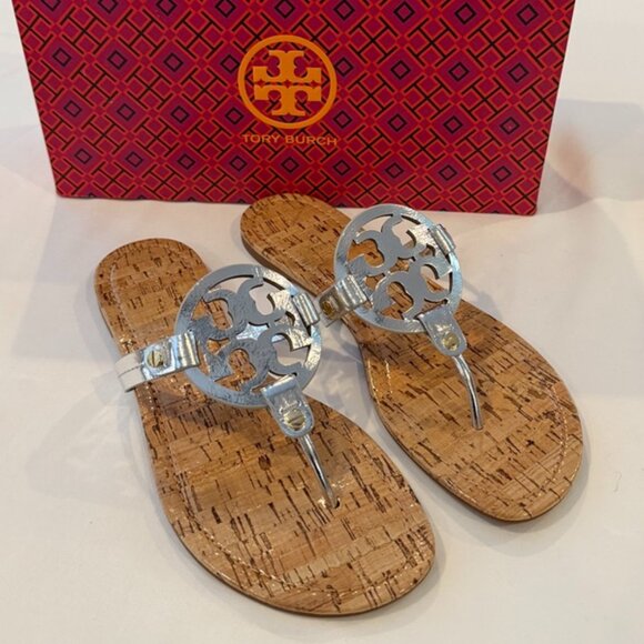 New Tory Burch Metallic Silver Patent leather Cork Miller Sandals Size 8.5 - Picture 9 of 14